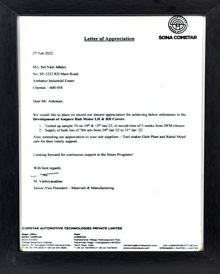 Sona Comstar – 
Appreciation Award In 2022 Short time Development of Parts