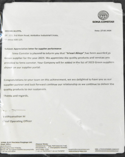 Sona Comstar – Appreciation Award of Supplier Performance Green Supplier of the year on 2023